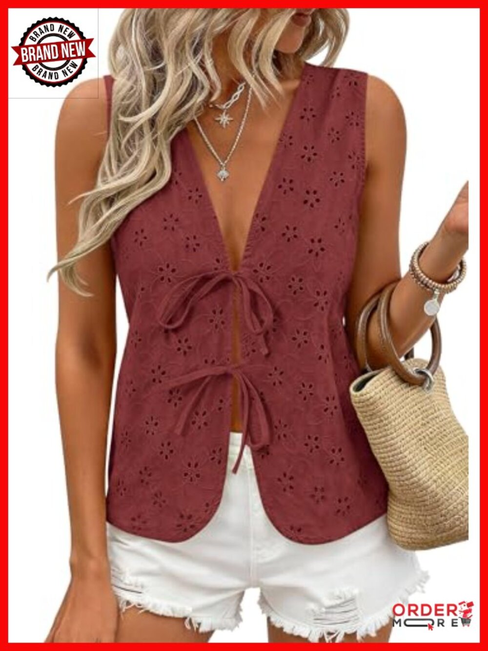 Cotton Eyelet Tank Top - Tie Front V Neck Sleeveless Blouse Vacation Outfit